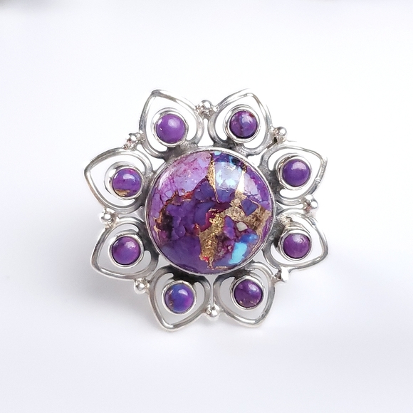 925 Sterling Silver Purple Copper Turquoise Flower Ring Size 9 New - Picture 7 of 13